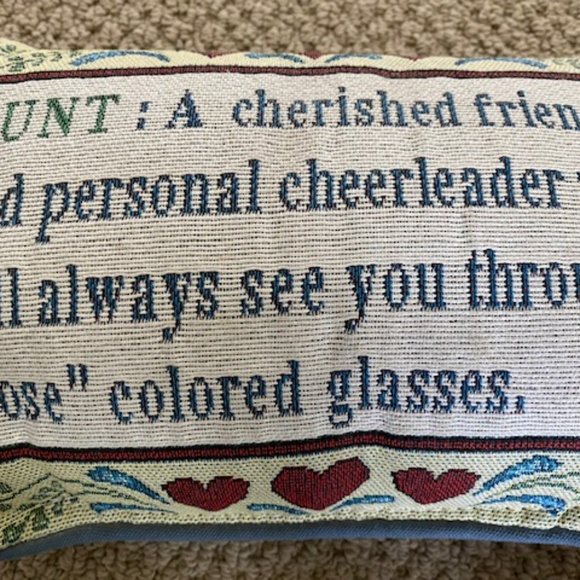AUNT: cherished friend ... * cross-stitch over-stuffed throw pillow 13x8-1/2" - Picture 2 of 3